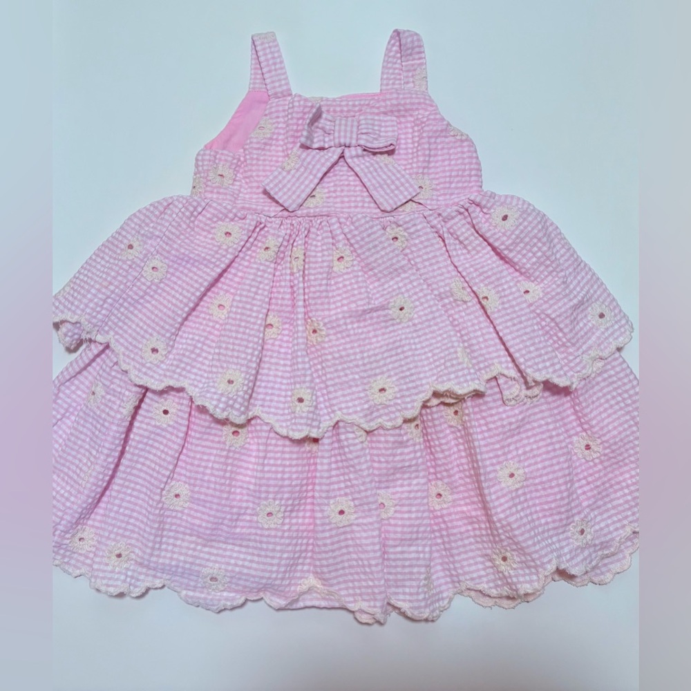 Blueberi Boulevard Pink Checkered Dress with Floral Accents